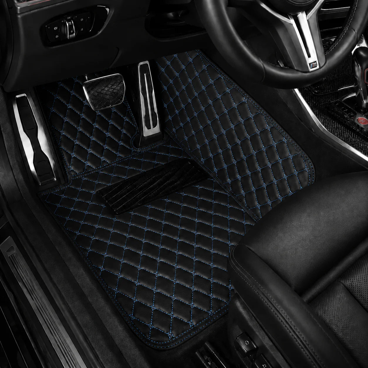 V12 Mats premium diamond custom car mats set | Black and Blue Stitching