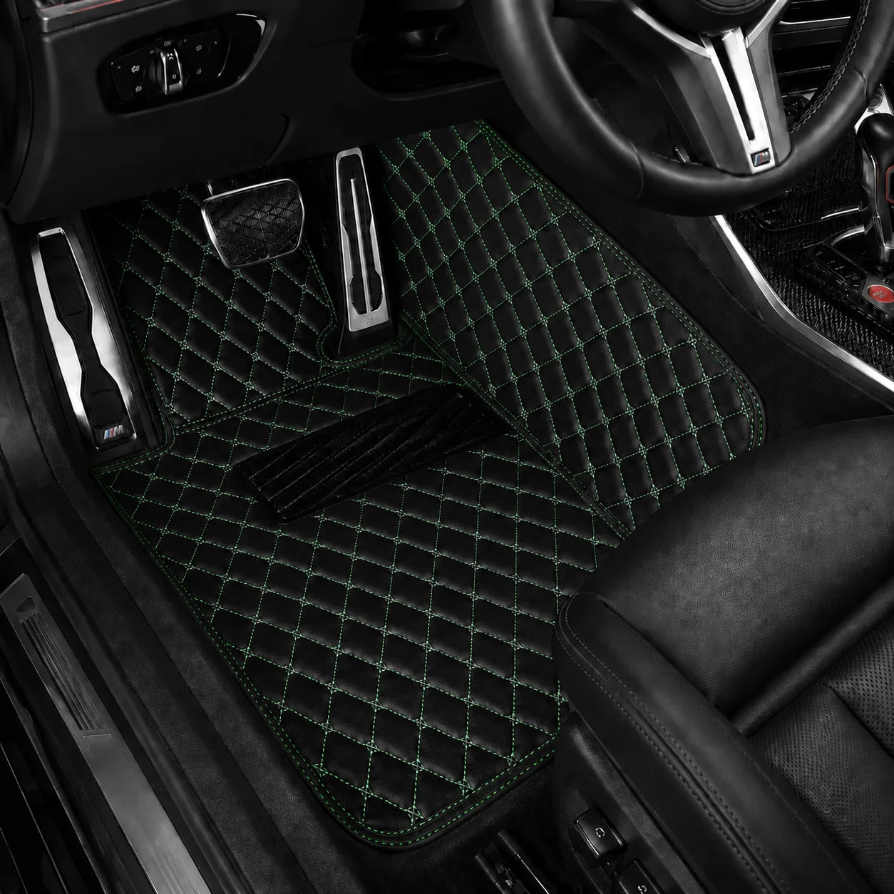 V12 Mats premium diamond custom car mats set | Black and Green Stitching