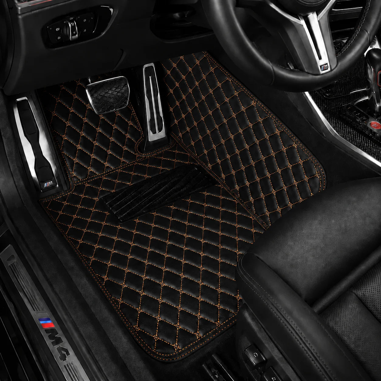 V12 Mats premium diamond custom car mats set | Black and Orange Stitching