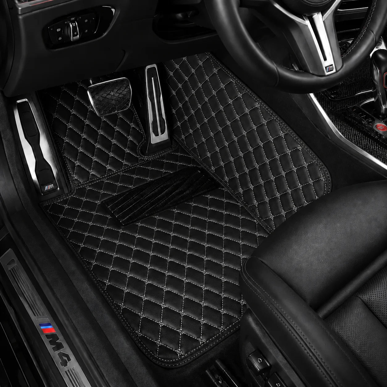 V12 Mats premium diamond custom car mats set | Black and White Stitching