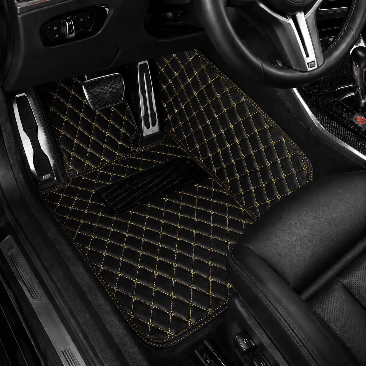 V12 Mats premium diamond custom car mats set | Black and Yellow Stitching