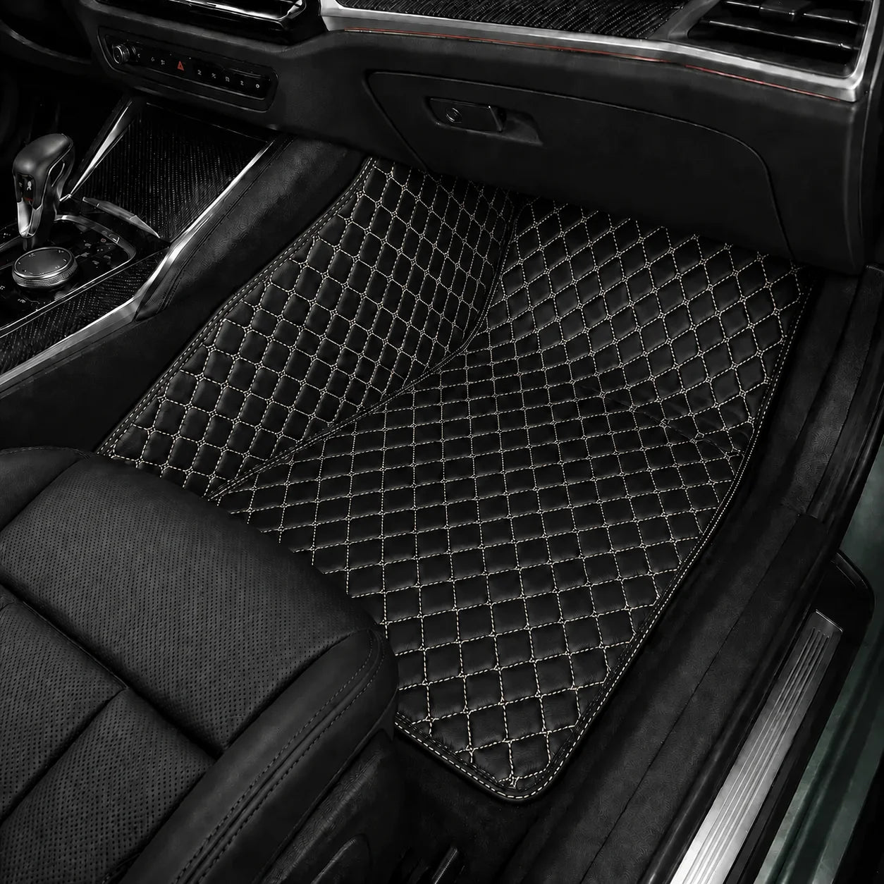 V12 Mats premium diamond custom car mats set | Black and Beige Stitching