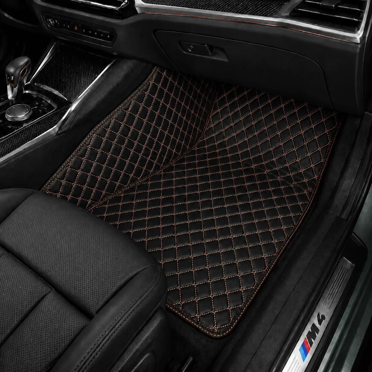 V12 Mats premium diamond custom car mats set | Black and Orange Stitching