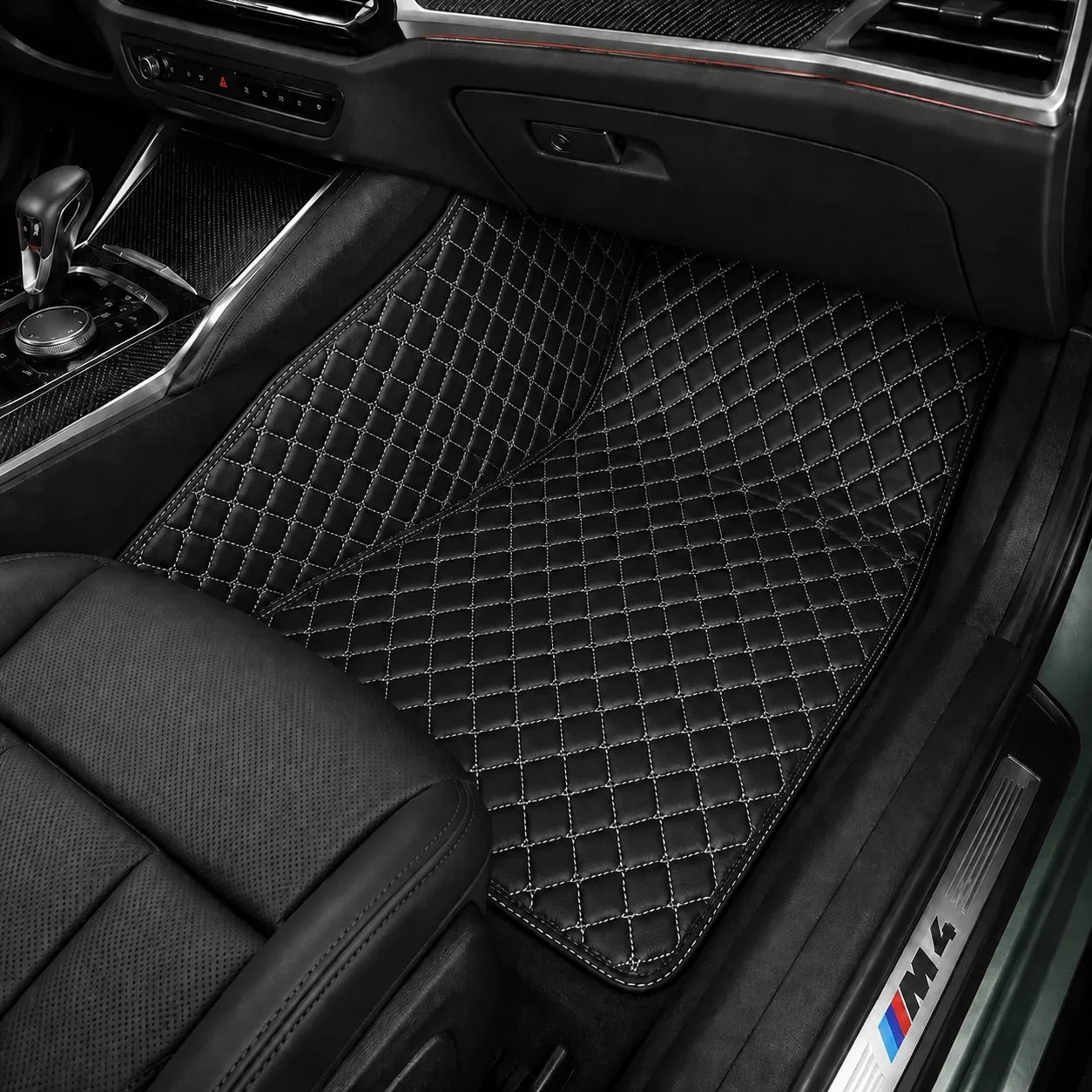 V12 Mats premium diamond custom car mats set | Black and White Stitching