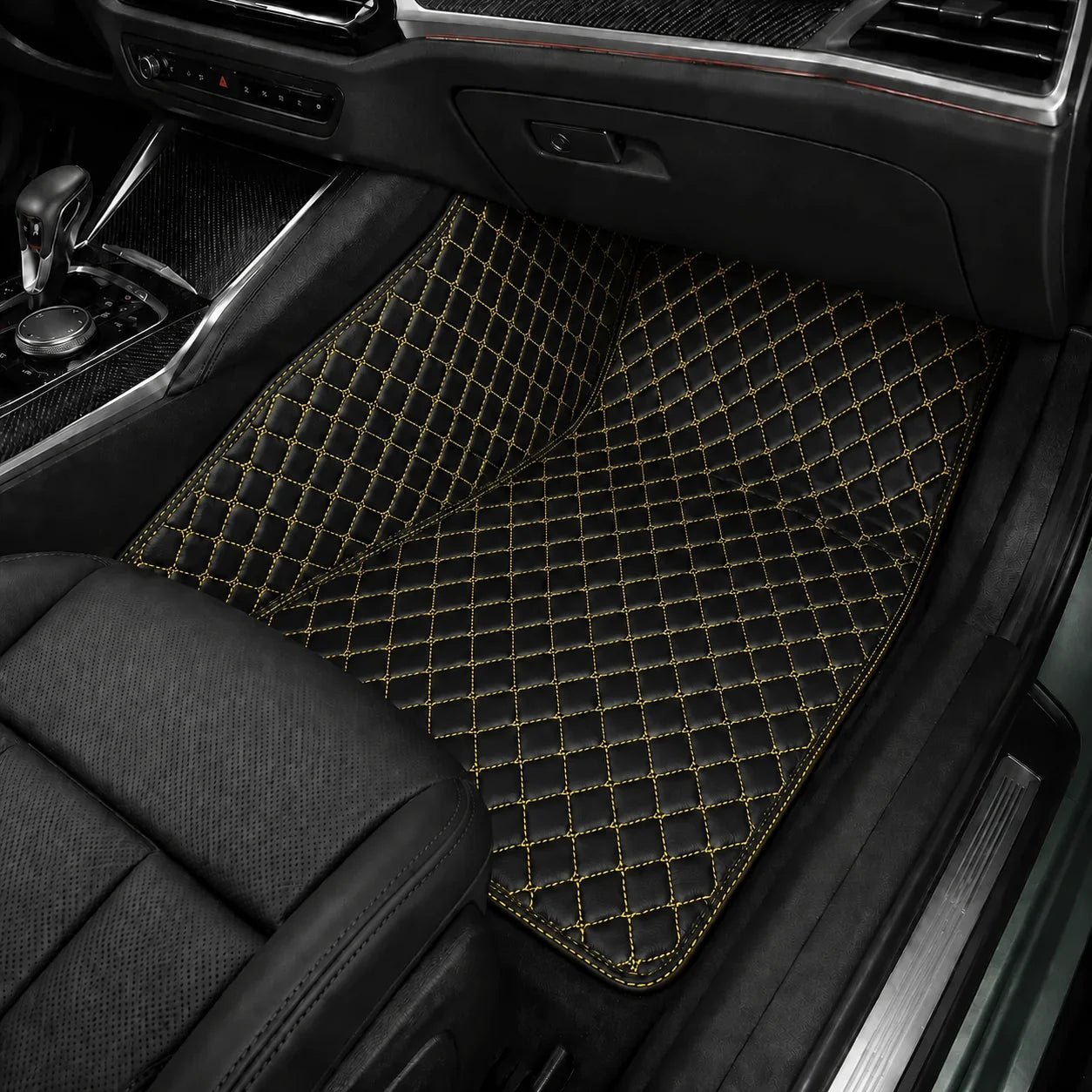 V12 Mats premium diamond custom car mats set | Black and Yellow Stitching