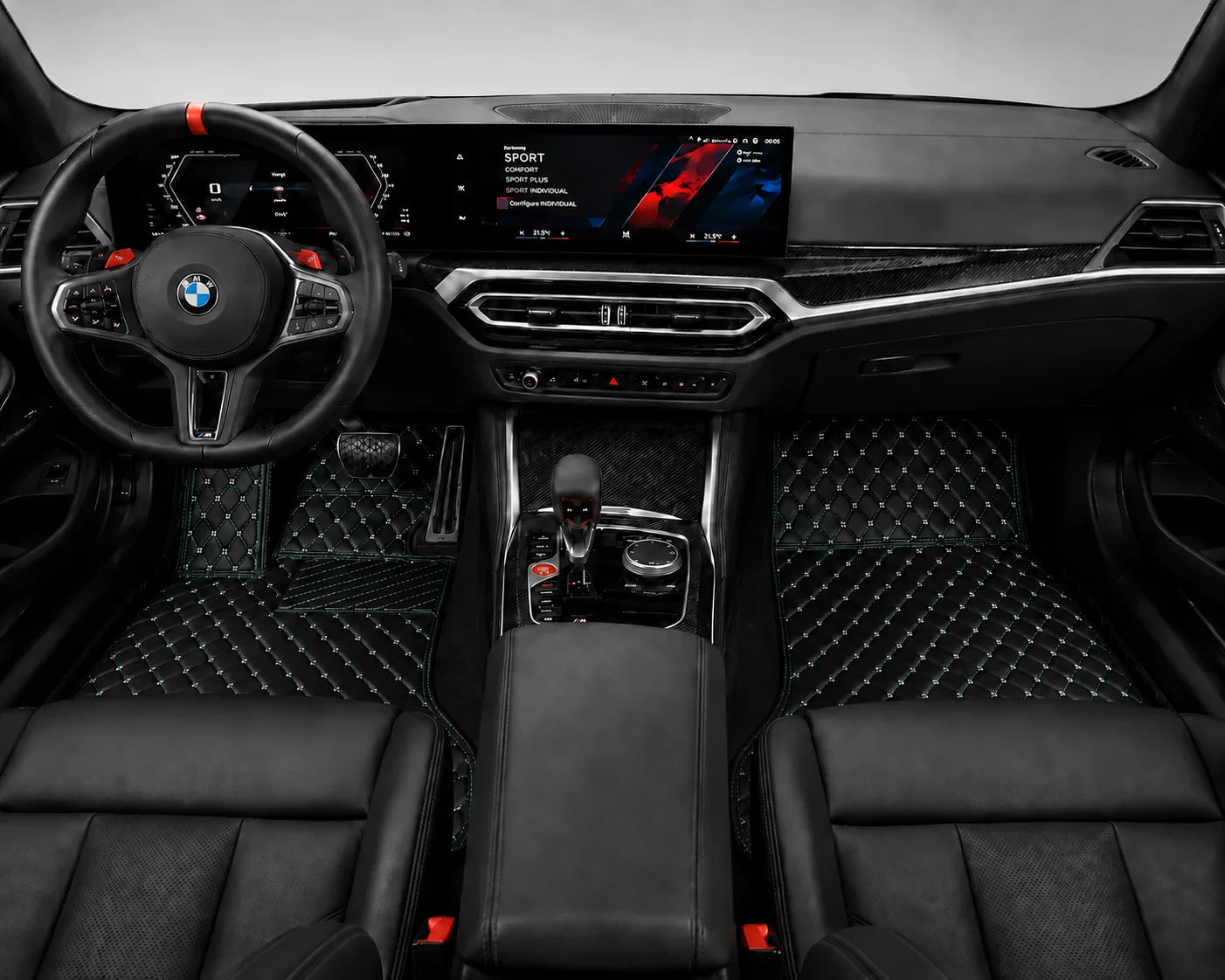V12 Mats premium diamond custom car mats set | Black and Green Stitching
