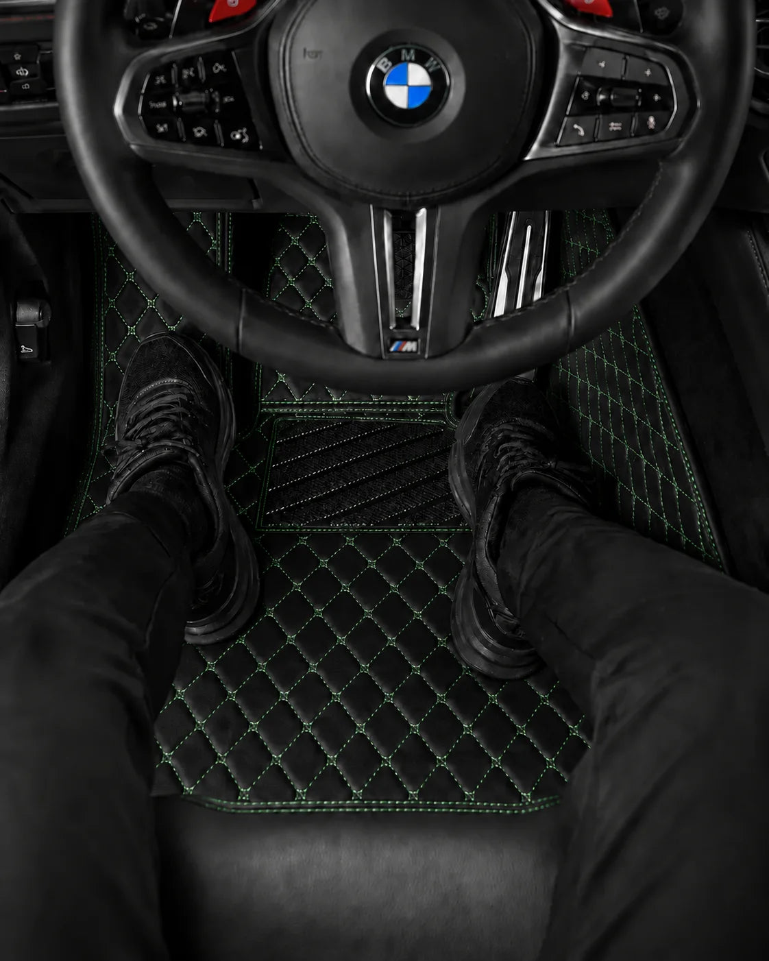 V12 Mats premium diamond custom car mats set | Black and Green Stitching