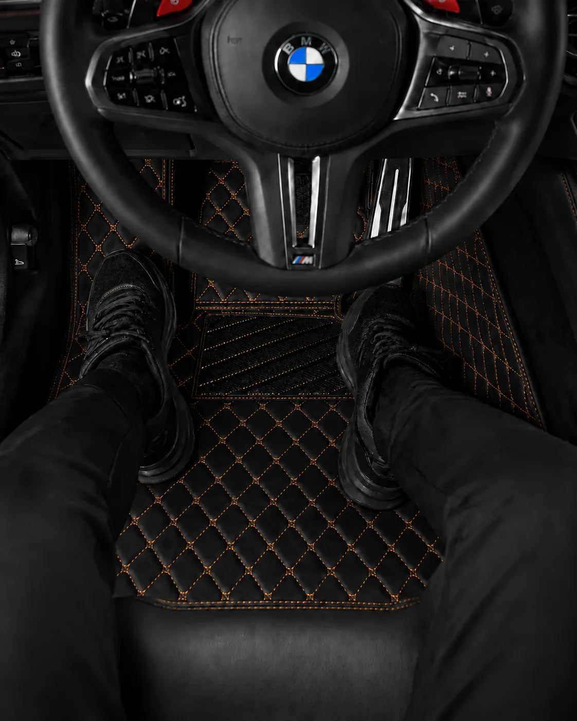 V12 Mats premium diamond custom car mats set | Black and Orange Stitching
