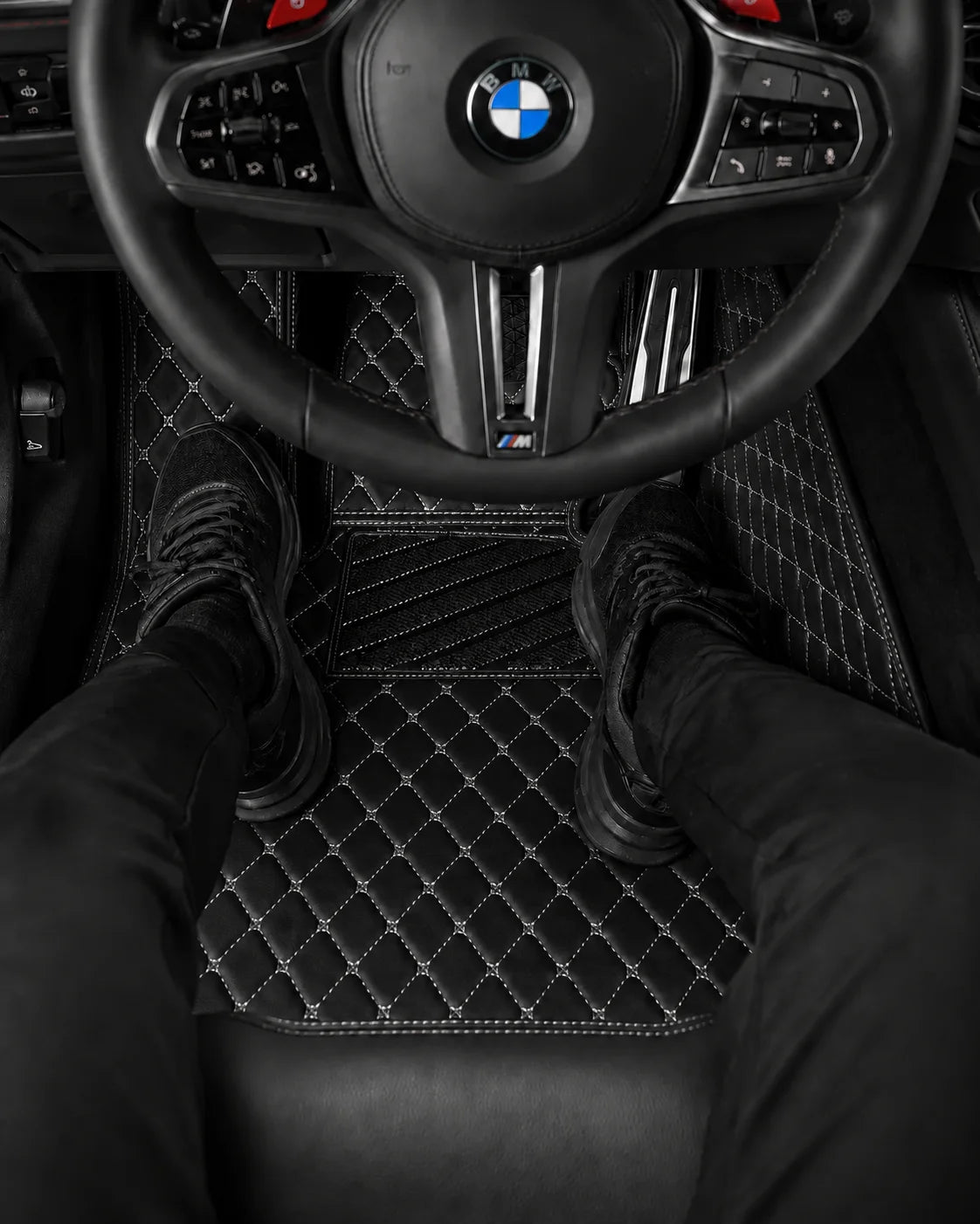V12 Mats premium diamond custom car mats set | Black and White Stitching