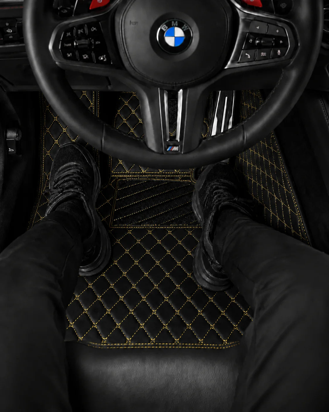 V12 Mats premium diamond custom car mats set | Black and Yellow Stitching